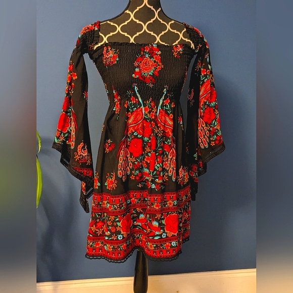 Spell gypsy collective peacock print dress Black, Pink, Turquoise S - Picture 1 of 4